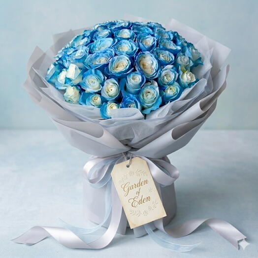 41 Sky Blue Roses Bouquet Luxury Wrapped Statement Arrangement