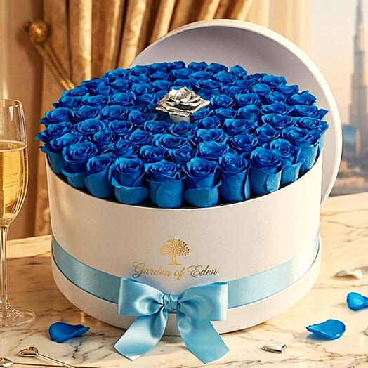 81 Premium Blue Roses Luxury Hat Box  Royal Azure Crown with Signature Silver Rose