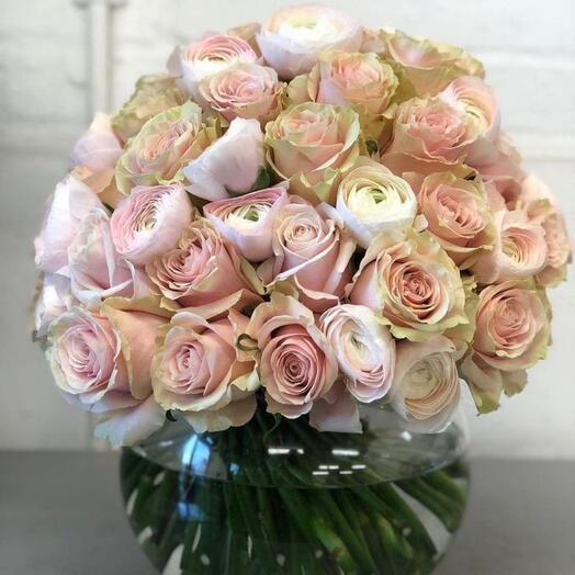 51 Pink Roses in a fish bowl