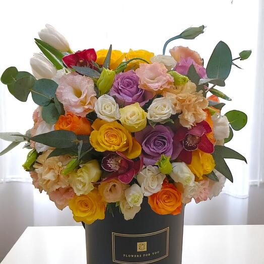 Radiant Harmony – Colorful Mixed Flower Box Arrangement