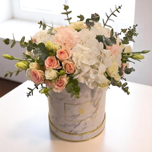 Elegant Pastel Romance Flower Box – Hydrangeas, Roses   Eucalyptus Arrangement