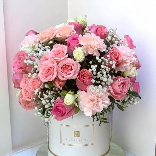 Pink Rose   Carnation Flower Box with Baby Roses and Gypsophila – Elegant Round Gift Arrangement