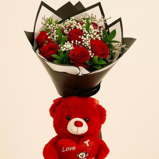 Red Rose Bouquet and Teddy Combo