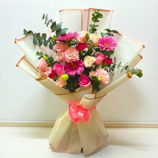 Pink Passion Bouquet – Roses, Gerberas, Carnations   Eucalyptus