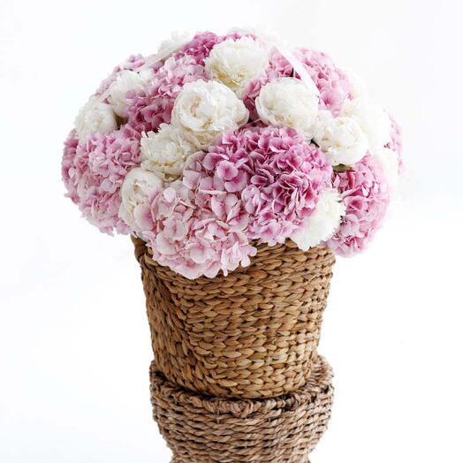 Sugar Cloud: Basket of 20 Pink Hydrangeas and 25 Creamy White Peonies