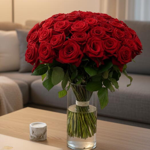 50 роскошных красных роз в вазе