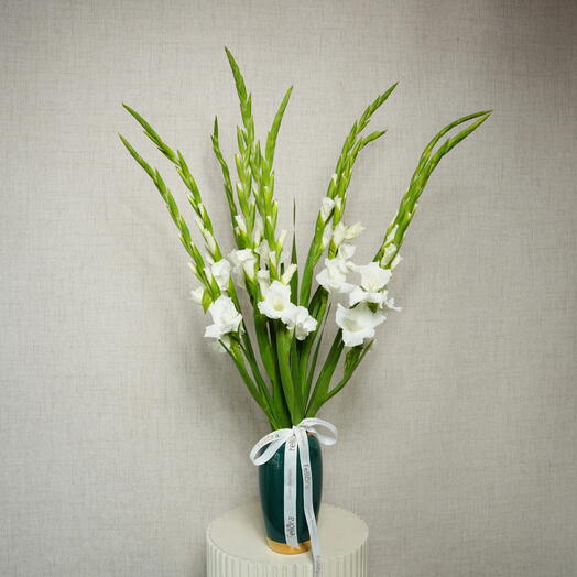 White Gladiolus in Royal Teal Glass Vase 7246