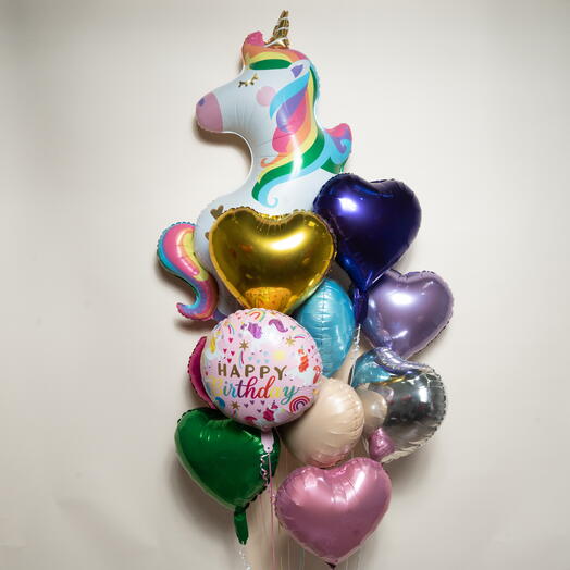 Набор фольгированных шаров Радужный единорог С Днём Рождения – 9 сердечек  7388