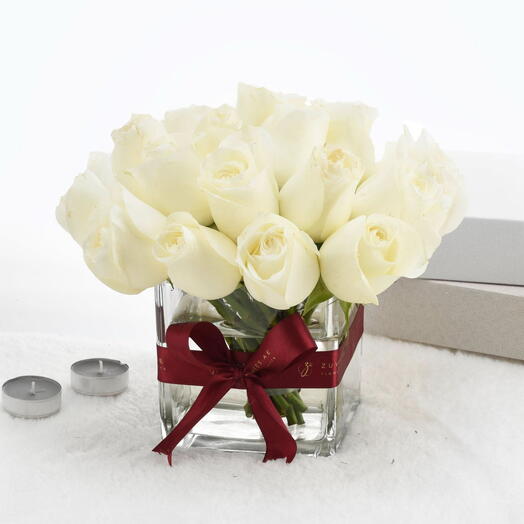 Eternal White roses in Glass Vase