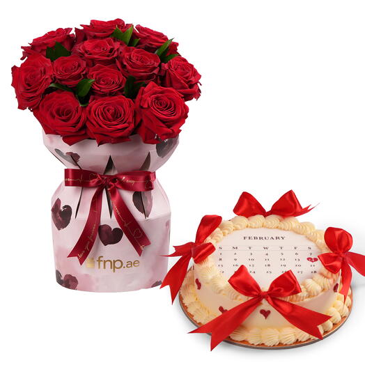 Вневременная элегантность — букет любви из 15 красных роз с красным бархатным тортом