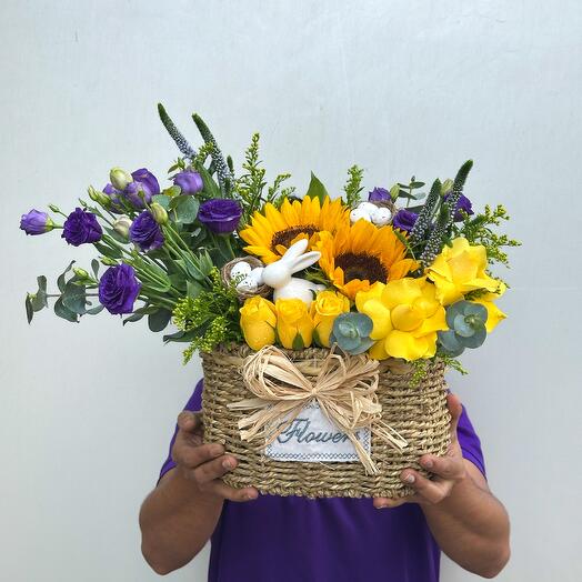 Premium Easter Flower Basket | Sunflowers, Roses, Lisianthus   Bunny | Same-Day Dubai Delivery