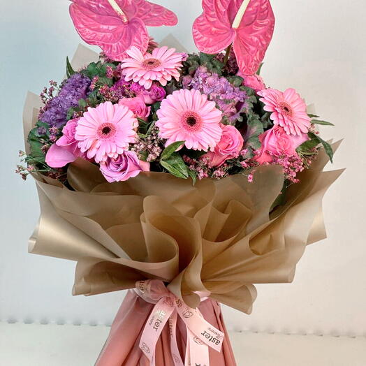 Pinky Love Bouquet: Fresh Pink Gerbera, Brassica, Pink Roses and Anthurium
