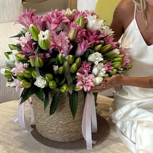 Satin Bloom: Basket of 60 White and Pink Lilies