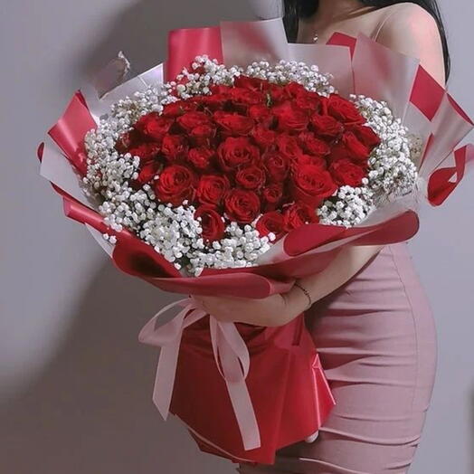 Роскошный букет из 51 красной розы с роскошной упаковкой для | годовщины | дня рождения | девушки