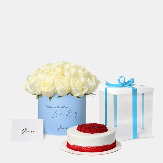 Baby Boy White Roses with Red velvet cake
