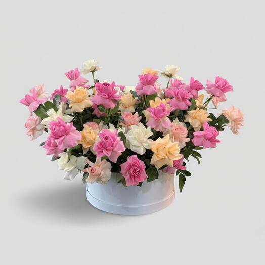 Luxury 51 Mixed Roses Basket | Pink, Peach   White Roses Arrangement with Ruscus in UAE