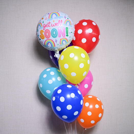 6 латексных шаров в радужный горошек   1 фольгированный шар Поправляйся скорее- 5718