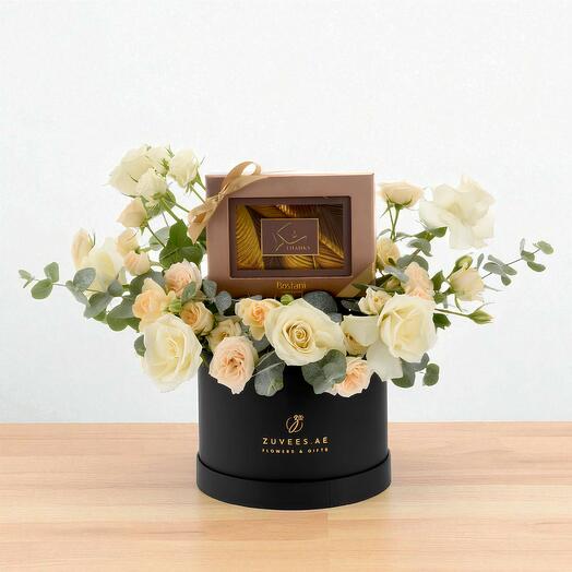 Блум-бокс «Спасибо» в оттенке «Персиковое сияние» с шоколадными конфетами Bostani