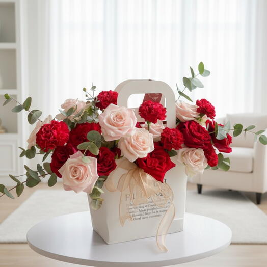 10 Pink Roses   10 Red Carnations in White Box