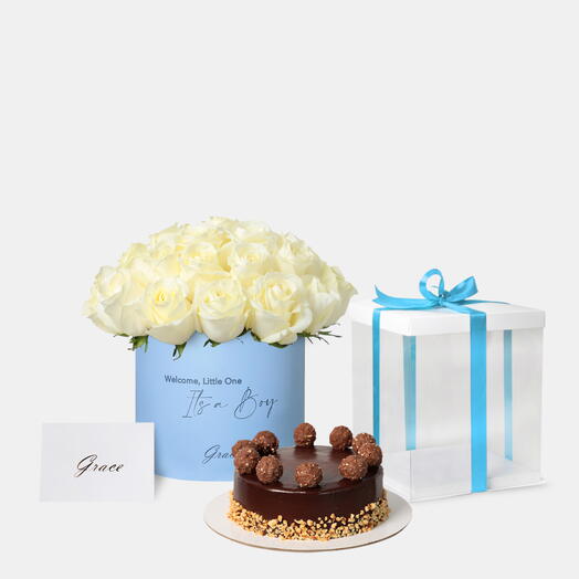 Baby Boy White Roses in Box with Ferrero cake
