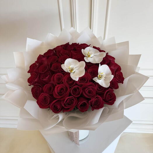 She Say Yes_51 Bold Red Rose with 3 White Orchid Premium Bouquet