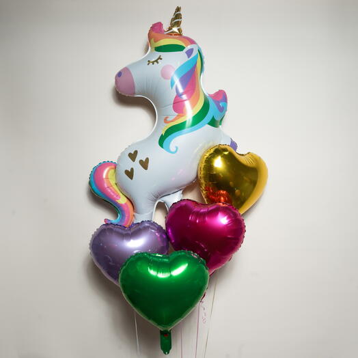 Rainbow Unicorn 4 Hearts Foil Balloon Set  7368