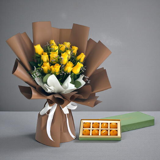 15 yellow rose and Gangour Motichur Laddus