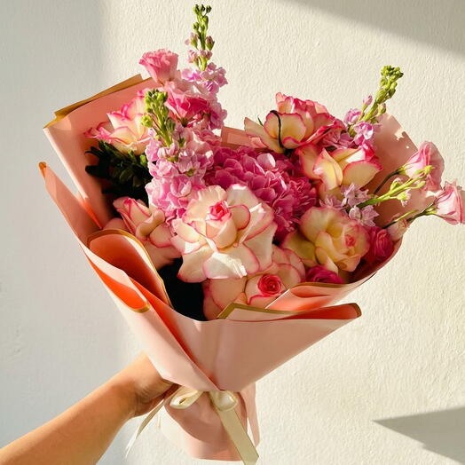 Floral Drop - A Blooming Mix of Roses and Hydrangeas in Pink
