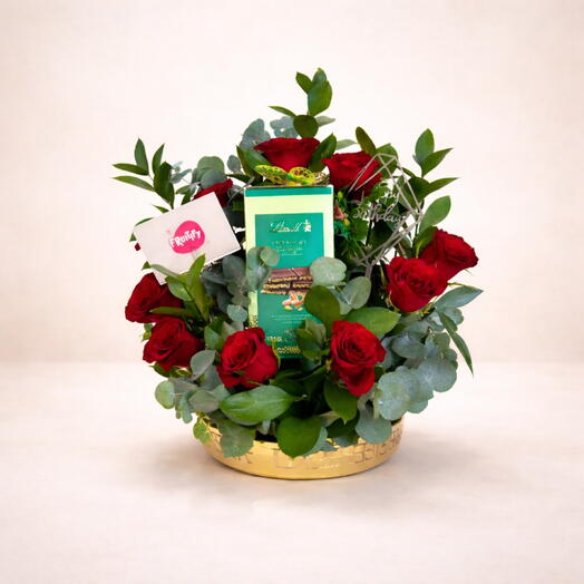 Bouquet de chocolats Lindt Dubai et de roses rouges