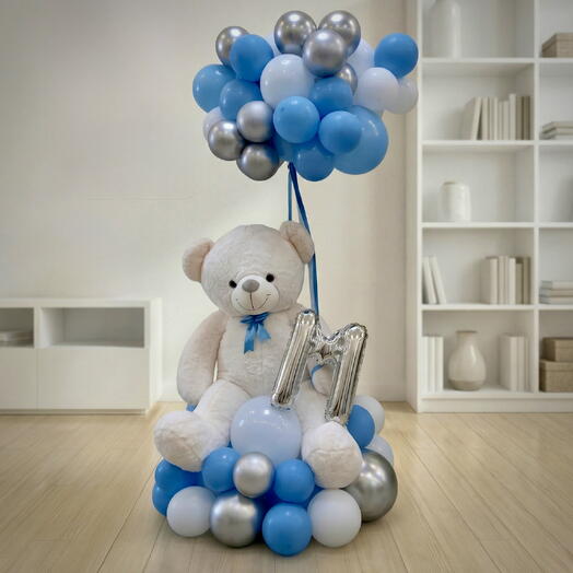 Baby Boy Balloon Arrangement with 90cm Teddy   Initial Balloon