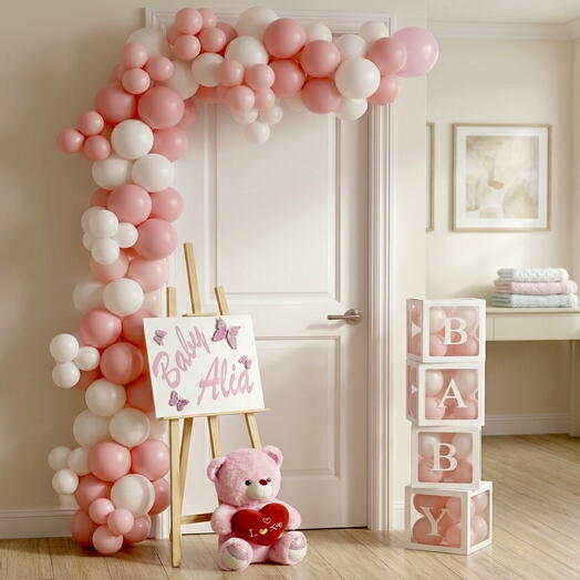 Baby Girl Box Teddy Setup – Pink White Luxury Balloon Arrangement