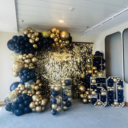 ديكورات فعاليات الشركات - قوس بالونات فاخر - خلفية جدارية ذهبية لامعة - 1120