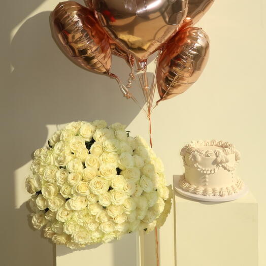 White roses Set of - 100 white premium roses, cake with chocolate crunchy filling and 10 heart shaped balloons