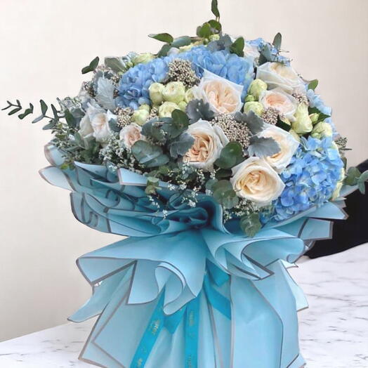 Blue Parade: Fresh Blue Hydrangea And Scented White Ohara Roses Mix Bouquet with Accessories