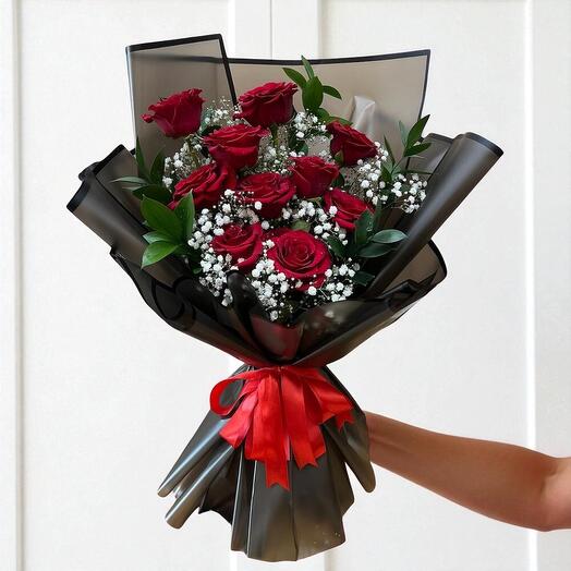 Enchanted Love Bouquet – Red Roses, Baby s Breath   Ruscus