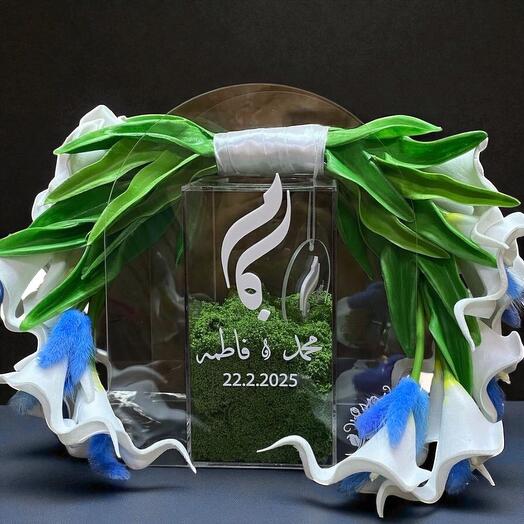 Elegant White and Blue Bridal Hand Bouquet with Acrylic Box – Artificial Calla Lilies   Fountain Grass