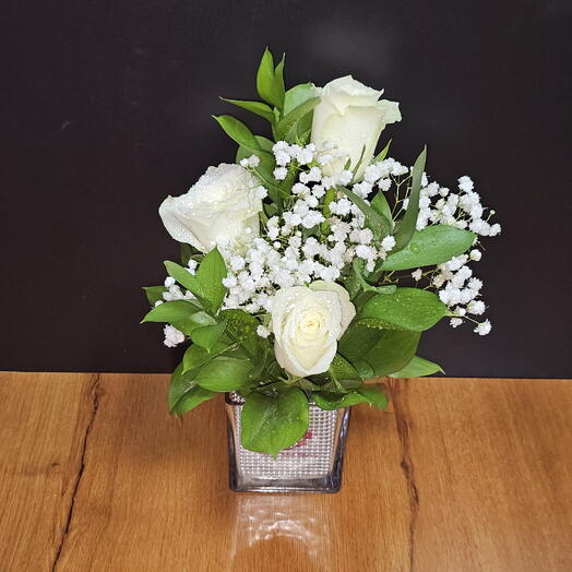 White Roses Small Glass Vase Arrangement HPF234
