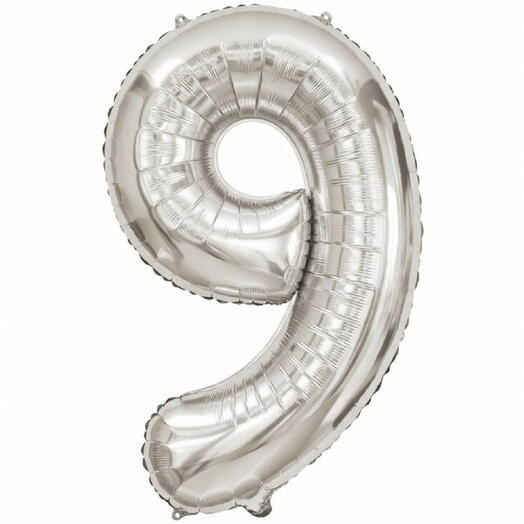 Серебряный фольгированный шар-цифра 9 (наполнен гелием)