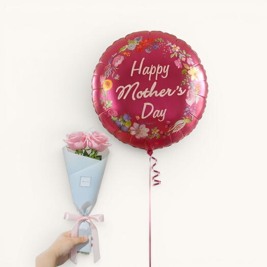 Happy Mothers Day Balloon and Pink Roses Bouquet | Gift Delivery Abu Dhabi