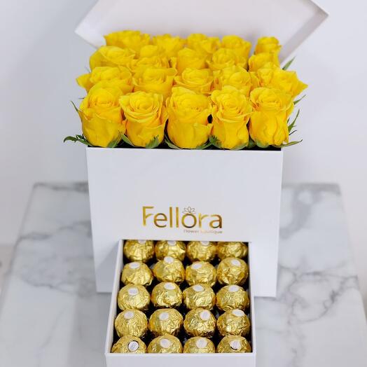 Yellow Roses And Ferrero Chocolates  Box - 3806