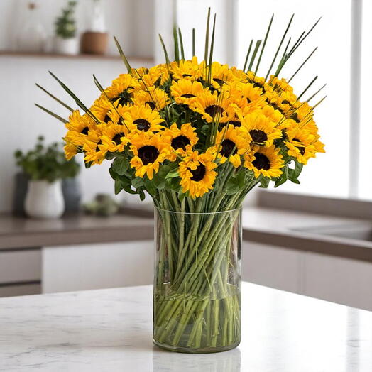 Golden Horizon Vase — 41 Sunflowers in Crystal Clear Glass | Radiant Gift of Warmth, Energy   Endless Joy