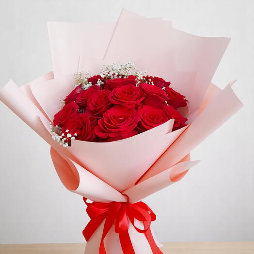 Red Roses with Pink Wrapping - Romantic Flower Bouquet