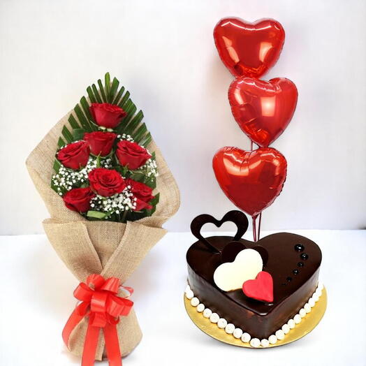 Love Trio Surprise – Heart Cake, 7 Red Roses   3 Foil Balloons Combo