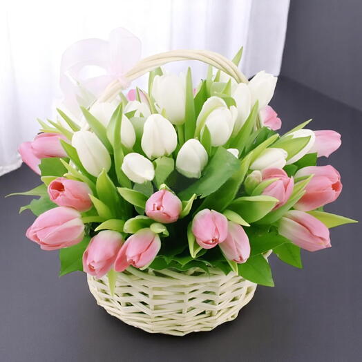 33 Mixed Tulip Basket – Pink   White Tulips with Elegant Ribbon