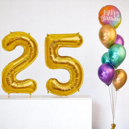 25th Birthday Number Balloon Set – 40 Gold Foil Numbers with Metallic Latex Balloon Bouquet   Happy Birthday Foil