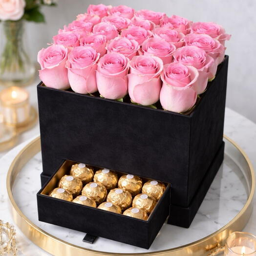 Pink Rosses with Ferrero In Black Box