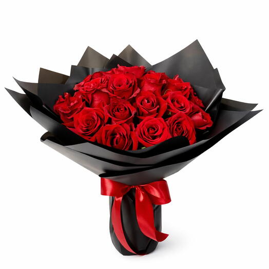 Red Roses Bouquet In Black Wrapping