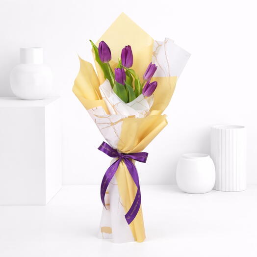 Purple tulips with marble wrapping bouquet