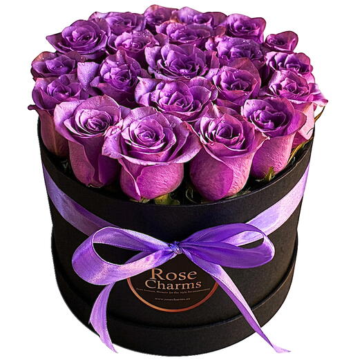 Фиолетовое очарование 21 фиолетовая роза в черной коробке Rose Charm
