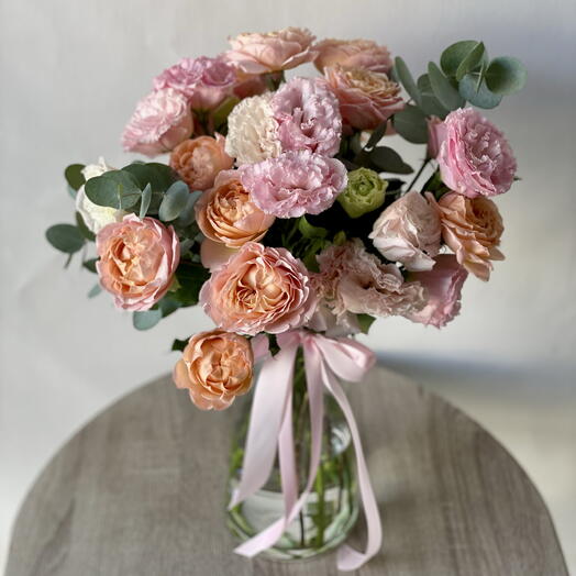 Flowers in Glass Vase - Eustoma and Juliata with leaves